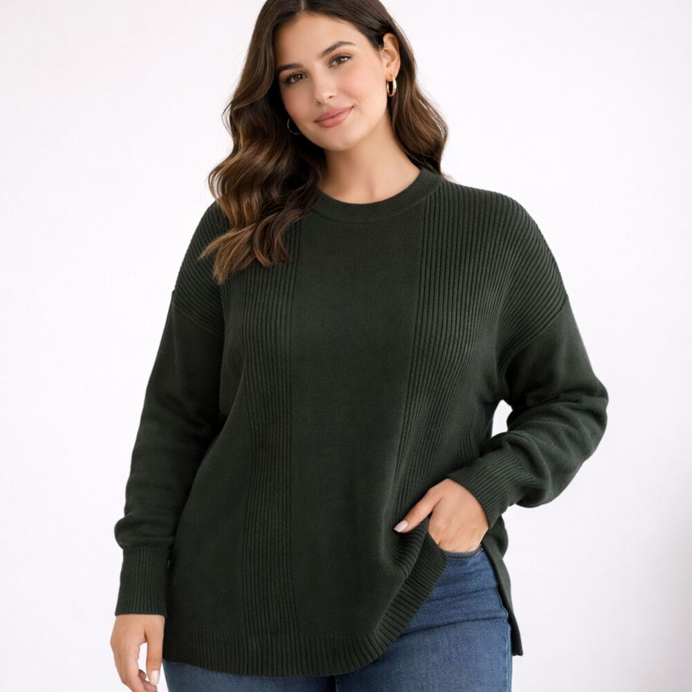 Beige Ribbed Fleet Top Pullover Sweater Long Sleeve Green 4